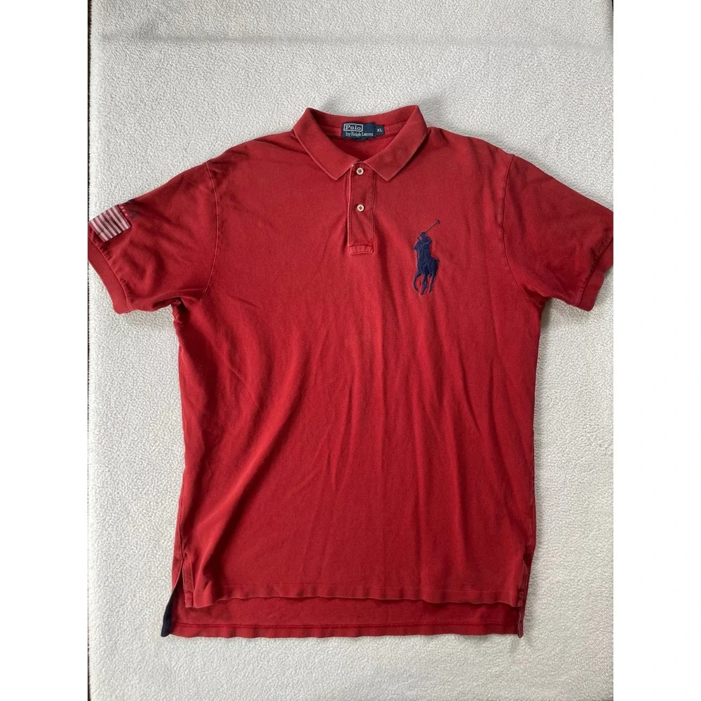 Polo Ralph Lauren Men Extra Large Polo Shirt Red Big Pony USA Flag Patch‎